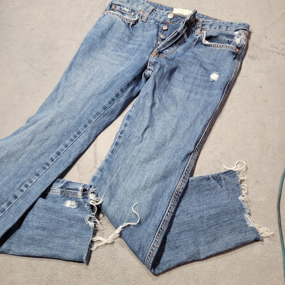 We The Free Jeans Womens 24 Blue Straight Leg Distressed Raw Hem Button Fly Boho